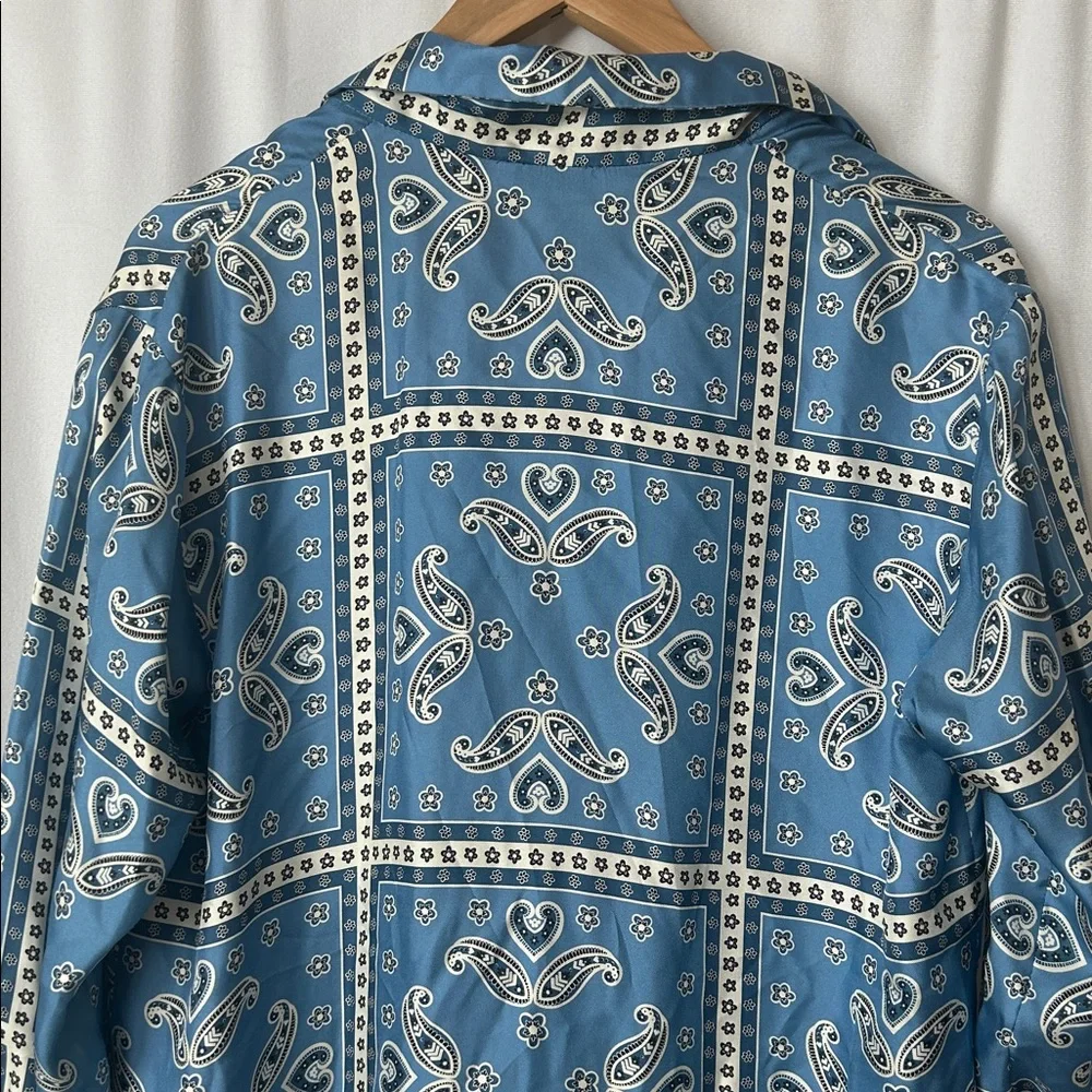 Sandro Blue Paisley Long Sleeve Collared Chloe Silk Mini Dress **Size 40/US 8** - Picture 8 of 12